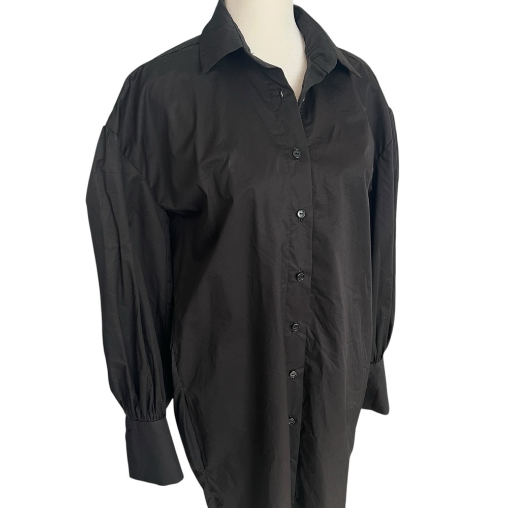 MONICA NERA Long Sleeve Poplin Button Front Shirt Dress Pockets Black Size Small - Picture 2 of 14